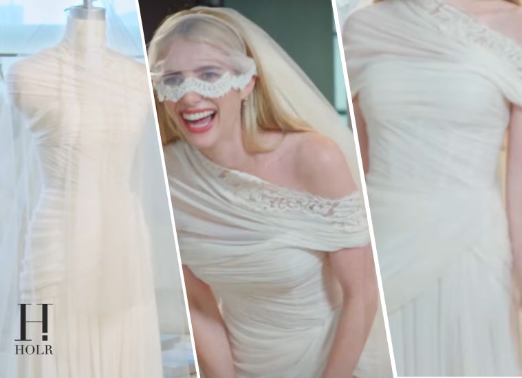 Emma Roberts wearing her custom Monique Lhuillier wedding dress during her wedding to Cody John in Sun Valley, Idaho.
