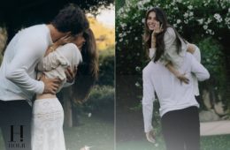 Madison Beer and NFL quarterback Justin Herbert celebrate their engagement following a romantic outdoor proposal surrounded by flowers and candles.