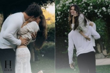 Madison Beer and NFL quarterback Justin Herbert celebrate their engagement following a romantic outdoor proposal surrounded by flowers and candles.