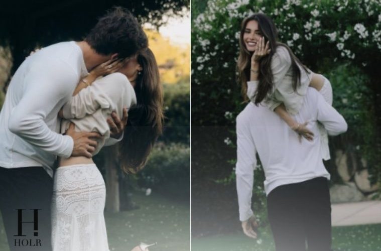 Madison Beer and NFL quarterback Justin Herbert celebrate their engagement following a romantic outdoor proposal surrounded by flowers and candles.