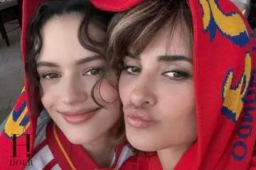 Rosalía and Penélope Cruz celebrate Spain's victory over Austria during the 2026 FIFA World Cup.