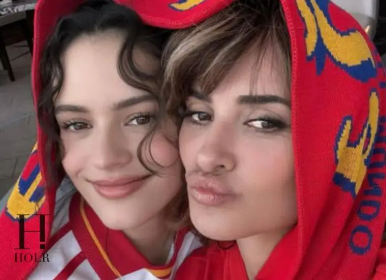 Rosalía and Penélope Cruz celebrate Spain's victory over Austria during the 2026 FIFA World Cup.