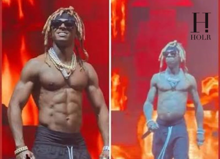 Lil Wayne performing on stage as fans react to his muscular physique at 43.