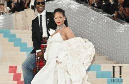 Rihanna and A$AP Rocky attending a red carpet event together.