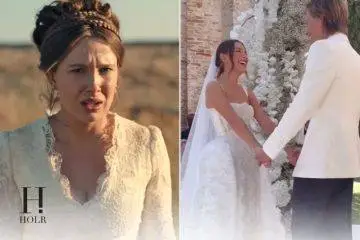 Millie Bobby Brown wearing a wedding dress inspired by her real-life bridal gown in Enola Holmes 3.