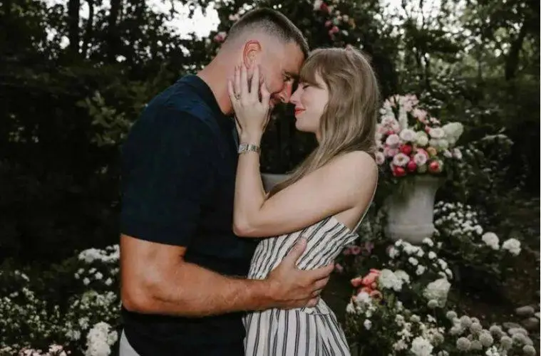 Taylor Swift and Travis Kelce celebrate after their wedding ceremony at Madison Square Garden in New York City.
