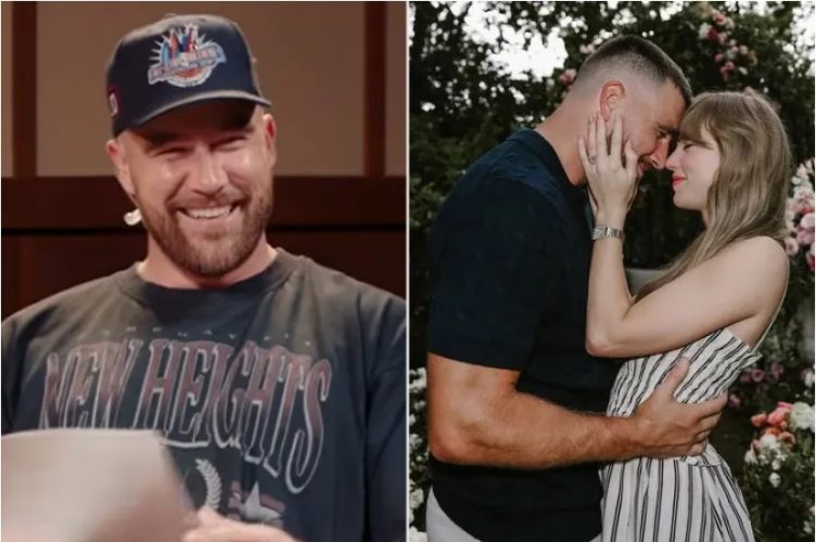 Travis Kelce speaks on the New Heights podcast while reflecting on his proposal to Taylor Swift following their wedding.