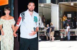Preparations outside Madison Square Garden as crews deliver décor and staging equipment ahead of Taylor Swift and Travis Kelce's reported wedding celebration.