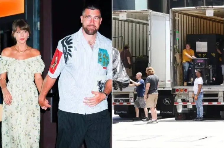 Preparations outside Madison Square Garden as crews deliver décor and staging equipment ahead of Taylor Swift and Travis Kelce's reported wedding celebration.