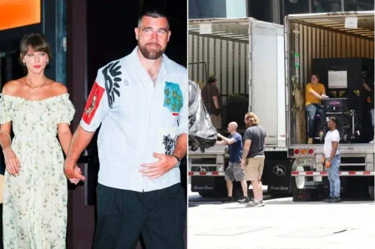 Preparations outside Madison Square Garden as crews deliver décor and staging equipment ahead of Taylor Swift and Travis Kelce's reported wedding celebration.