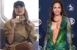 Jennifer Lopez wears her iconic green Versace jungle-print dress that famously inspired the creation of Google Images following the 2000 Grammy Awards.