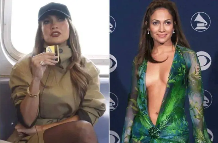Jennifer Lopez wears her iconic green Versace jungle-print dress that famously inspired the creation of Google Images following the 2000 Grammy Awards.