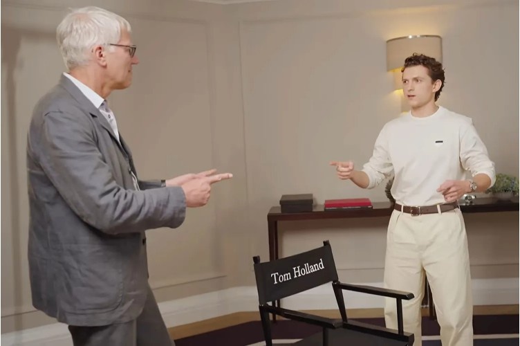 Actor Tom Holland meeting historian Tom Holland during a podcast discussion about The Odyssey.
