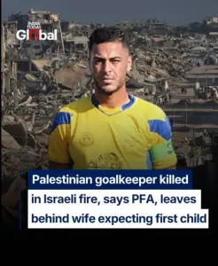 Palestinian goalkeeper Saleem Al-Ashqar during his football career before reports of his death in Gaza.