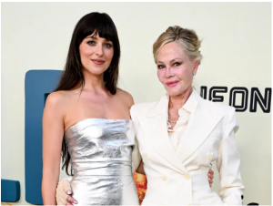 Melanie Griffith wearing an effortlessly chic summer outfit inspired by Dakota Johnson's signature cool-girl style, featuring timeless basics and minimalist accessories.