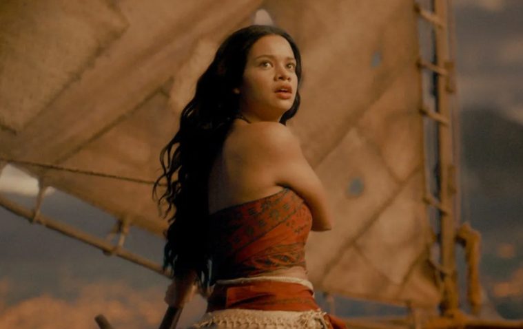 Catherine Laga'aia and Dwayne Johnson in Disney's live-action Moana adventure film.