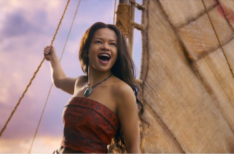 Dwayne Johnson and Catherine Laga'aia in Disney's live-action Moana during a key scene from the film.