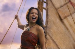 Dwayne Johnson and Catherine Laga'aia in Disney's live-action Moana during a key scene from the film.