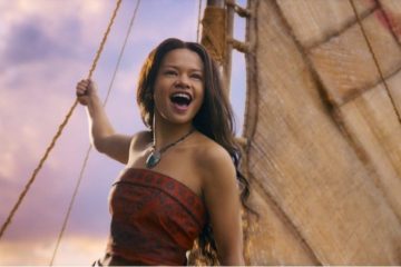 Dwayne Johnson and Catherine Laga'aia in Disney's live-action Moana during a key scene from the film.
