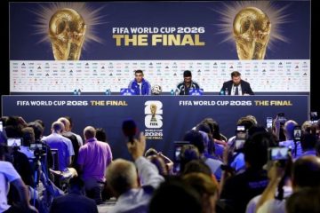 Fans gather outside MetLife Stadium ahead of the 2026 FIFA World Cup final between Spain and Argentina.
