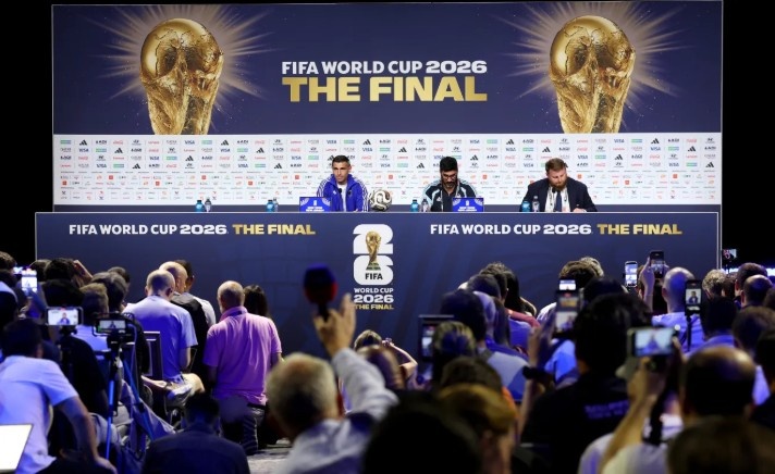 Fans gather outside MetLife Stadium ahead of the 2026 FIFA World Cup final between Spain and Argentina.