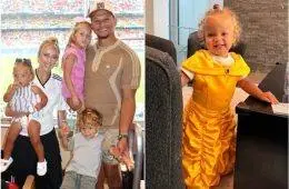 Golden Mahomes smiles while dressed as Belle from Beauty and the Beast in a princess costume.