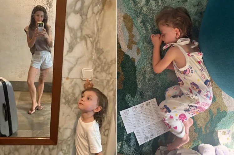 Hilaria Baldwin traveling with her seven children during their family trip to Spain.