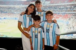 Antonela Roccuzzo and Lionel Messi's family celebrating Argentina's qualification for the 2026 FIFA World Cup final.