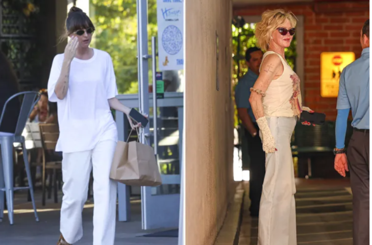 Melanie Griffith wearing an effortlessly chic summer outfit inspired by Dakota Johnson's signature cool-girl style, featuring timeless basics and minimalist accessories.