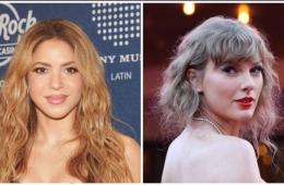 Shakira and Anya Taylor-Joy sitting together in the stands during Spain's football match, with Shakira remaining composed after Spain scored.