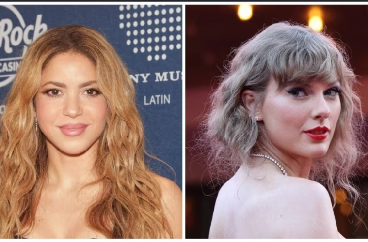 Shakira and Anya Taylor-Joy sitting together in the stands during Spain's football match, with Shakira remaining composed after Spain scored.