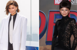 Zendaya wearing a web-inspired designer outfit during a Spider-Man promotional event, featuring intricate details that pay tribute to the Marvel superhero.