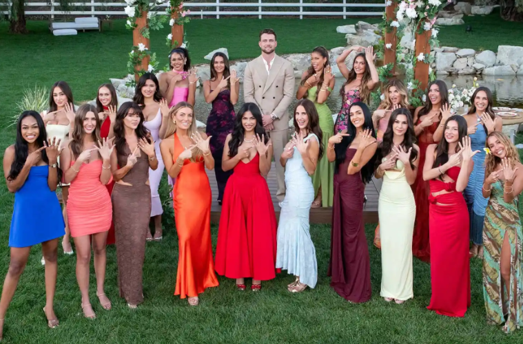 Harry Jowsey posing with engagement-themed promotional artwork for the reality dating series Let’s Marry Harry.