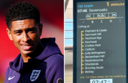 Temporary 'Jude Bellingham' station sign displayed at Bellingham station in South London to honor the England football star after his two-goal World Cup performance.