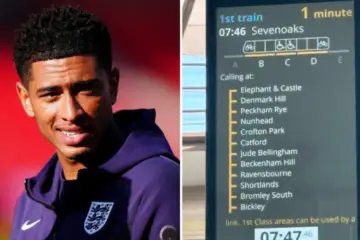 Temporary 'Jude Bellingham' station sign displayed at Bellingham station in South London to honor the England football star after his two-goal World Cup performance.
