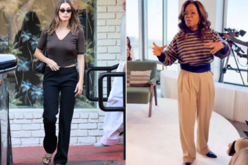 Hailey Bieber and Oprah Winfrey wearing tailored pants, showcasing one of the biggest celebrity fashion trends of the summer.