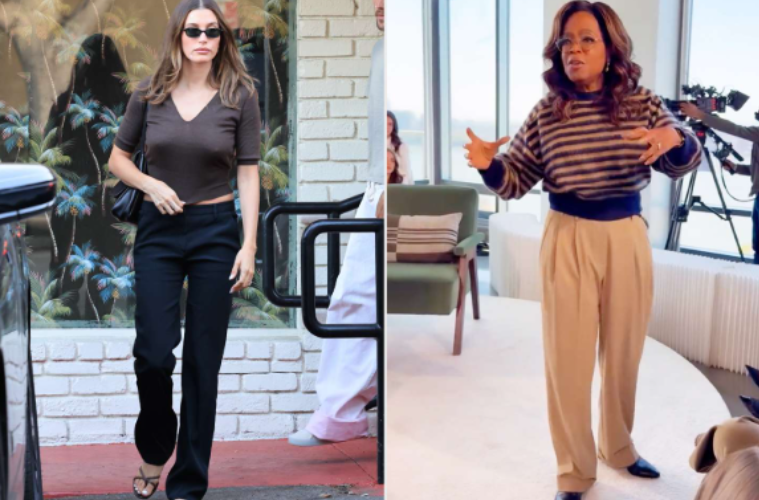 Hailey Bieber and Oprah Winfrey wearing tailored pants, showcasing one of the biggest celebrity fashion trends of the summer.