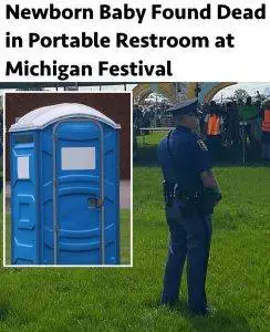 Police and emergency responders at the entrance to a Michigan music festival where authorities are investigating the death of an infant found on the festival grounds.