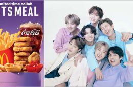 A McDonald's Happy Meal box displayed alongside colorful BT21 collectible character toys inspired by BTS, promoting the limited-time collaboration.