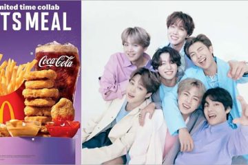 A McDonald's Happy Meal box displayed alongside colorful BT21 collectible character toys inspired by BTS, promoting the limited-time collaboration.