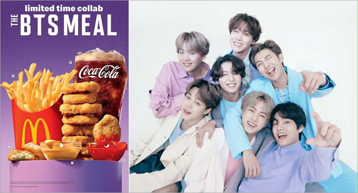 A McDonald's Happy Meal box displayed alongside colorful BT21 collectible character toys inspired by BTS, promoting the limited-time collaboration.