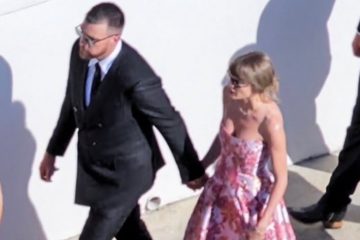 Taylor Swift and Travis Kelce arriving in elegant formal attire at JuJu Smith-Schuster's wedding, showcasing coordinated fashion during one of their first public appearances after their reported wedding celebrations.