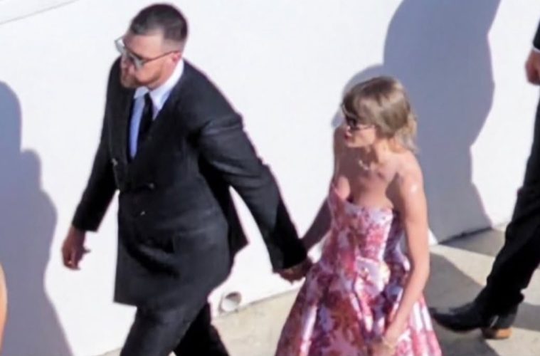 Taylor Swift and Travis Kelce arriving in elegant formal attire at JuJu Smith-Schuster's wedding, showcasing coordinated fashion during one of their first public appearances after their reported wedding celebrations.