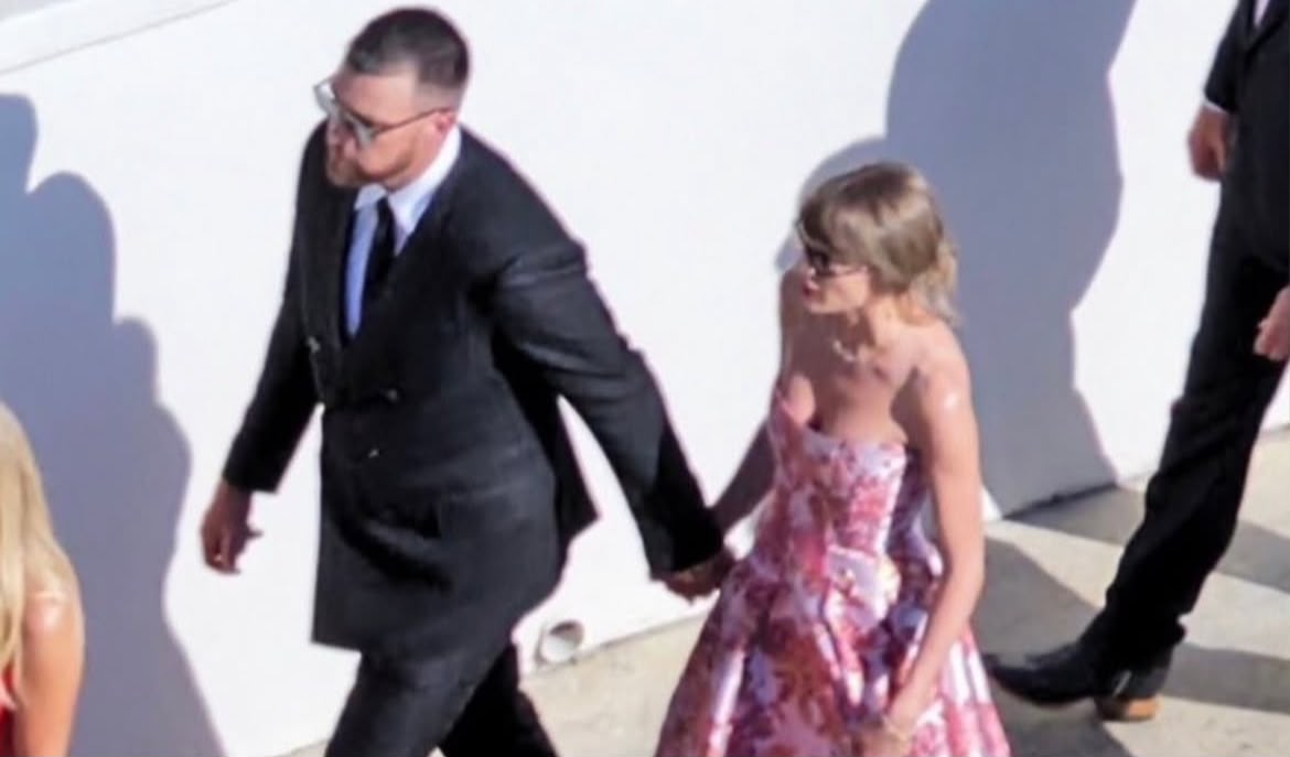 Taylor Swift and Travis Kelce arriving in elegant formal attire at JuJu Smith-Schuster's wedding, showcasing coordinated fashion during one of their first public appearances after their reported wedding celebrations.