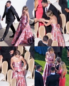 Taylor Swift and Travis Kelce arriving in elegant formal attire at JuJu Smith-Schuster's wedding, showcasing coordinated fashion during one of their first public appearances after their reported wedding celebrations.