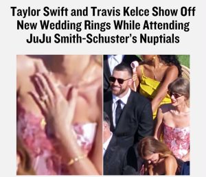 Taylor Swift and Travis Kelce arriving in elegant formal attire at JuJu Smith-Schuster's wedding, showcasing coordinated fashion during one of their first public appearances after their reported wedding celebrations.