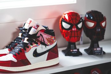 A collage of Tobey Maguire, Andrew Garfield, and Tom Holland as Peter Parker, highlighting the iconic sneakers worn across different Spider-Man film eras.