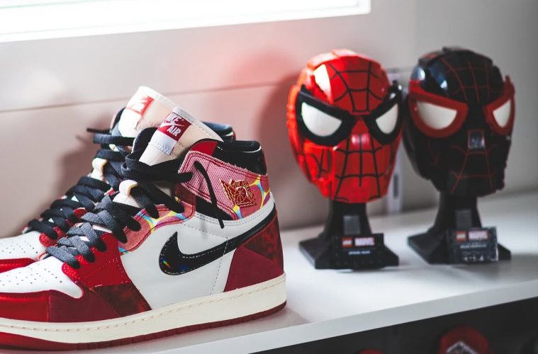 A collage of Tobey Maguire, Andrew Garfield, and Tom Holland as Peter Parker, highlighting the iconic sneakers worn across different Spider-Man film eras.