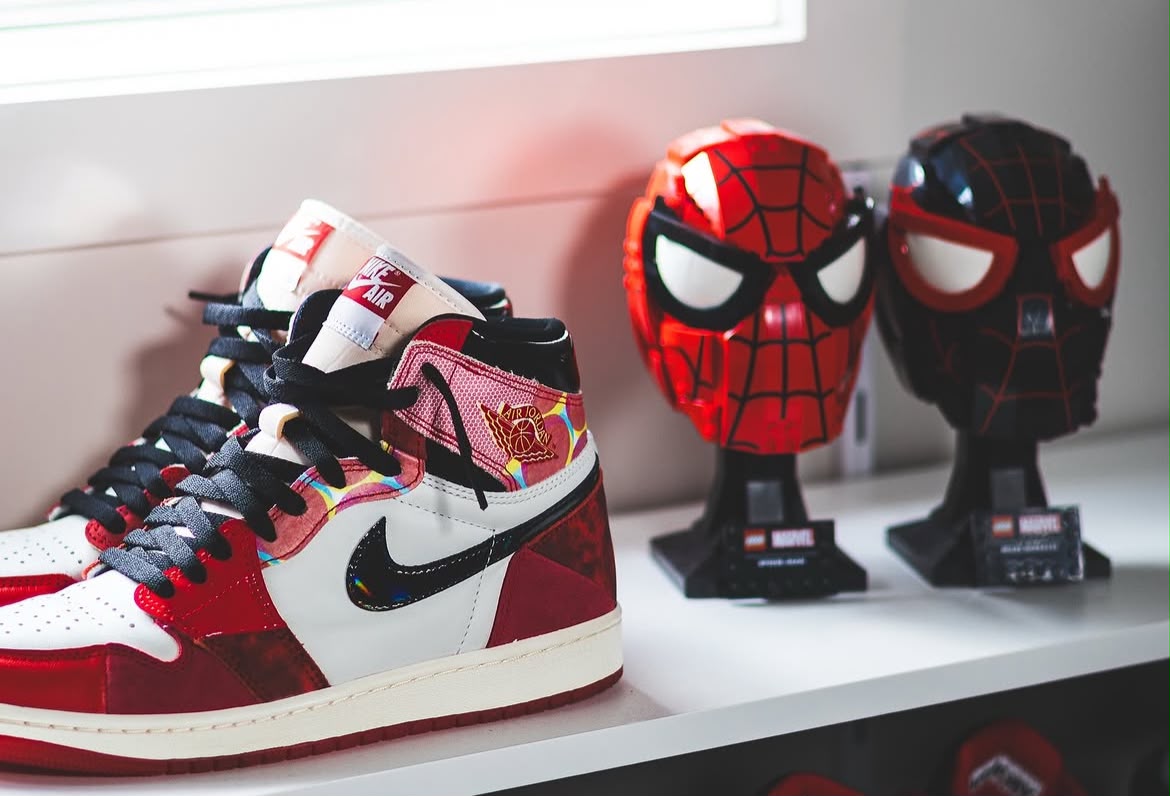 A collage of Tobey Maguire, Andrew Garfield, and Tom Holland as Peter Parker, highlighting the iconic sneakers worn across different Spider-Man film eras.