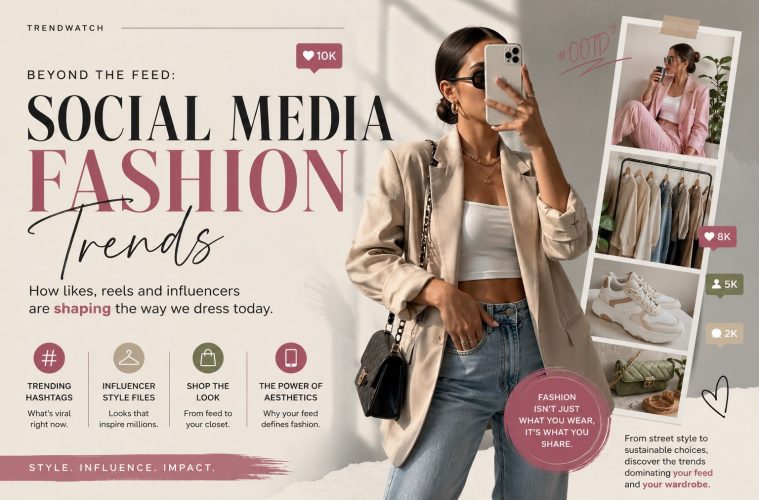 A collage featuring fashion influencers creating content on social media alongside runway models, illustrating how digital platforms shape global fashion trends.